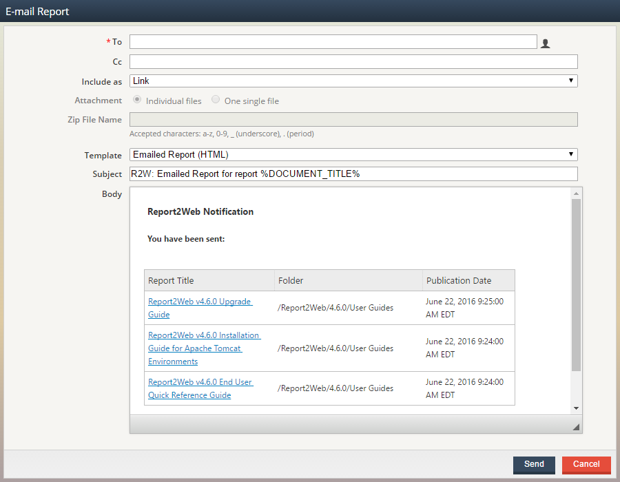 Screenshot of Email Report dialog with options for multiple file selection 